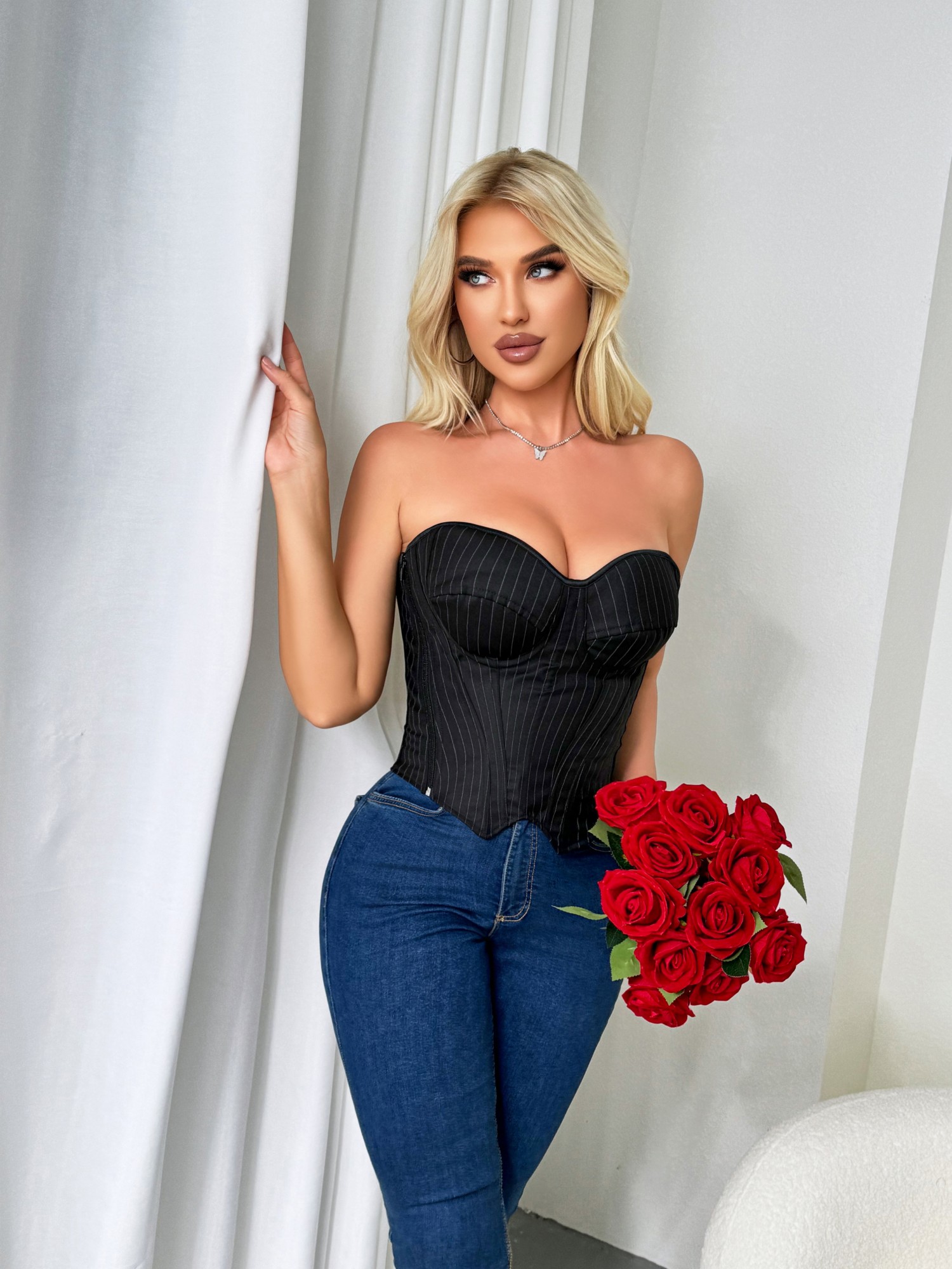 Striped Overbust Corset Fashion Lady Bra Bodices Corselet Zipper Bustier